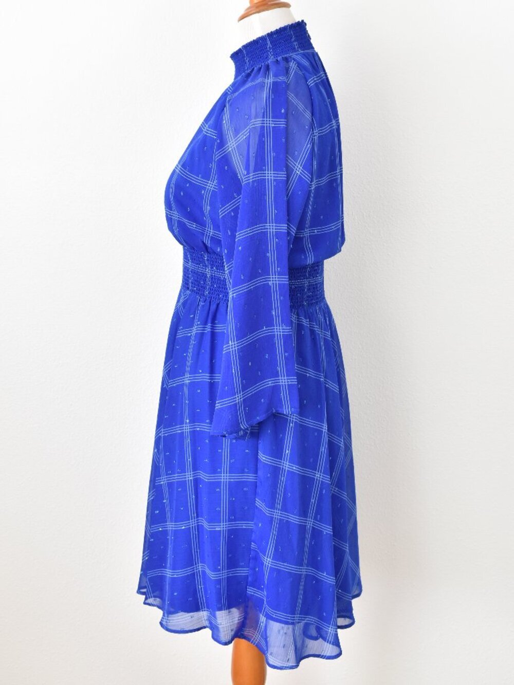 Calvin Klein Plaid Chiffon Mock Neck Smocked Detail Dress - 12 - Picture 4 of 13